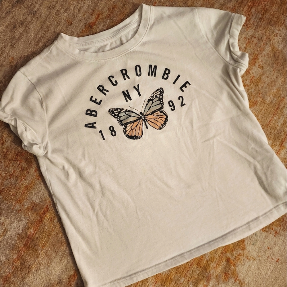 Abercrombie & Fitch Kids White Butterfly Logo Short Rolled Sleeve Tee
